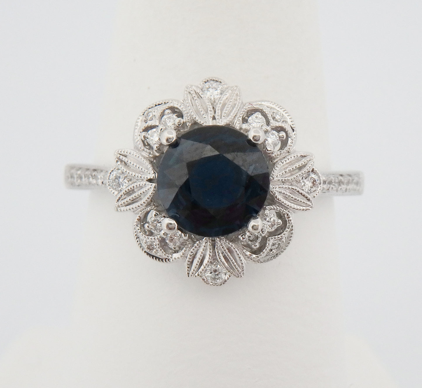Vintage Style Sapphire with Diamond Carved Halo Ring