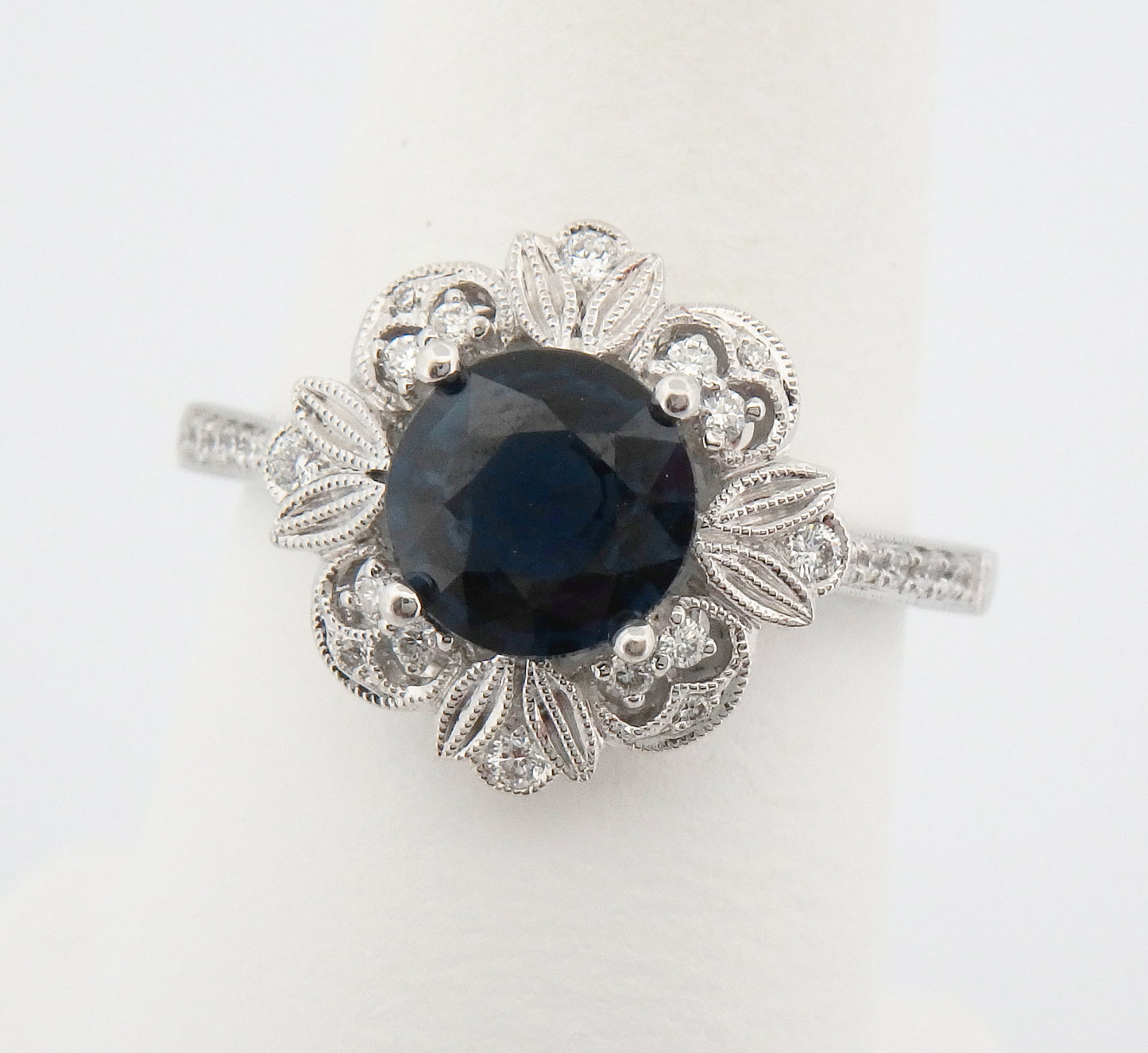 Vintage Style Sapphire with Diamond Carved Halo Ring