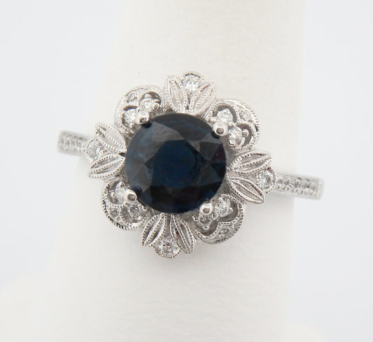 Vintage Style Sapphire with Diamond Carved Halo Ring
