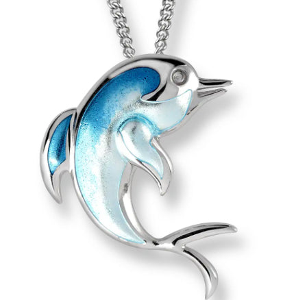 Turquoise Blue Dolphin Necklace Sterling Silver with White Sapphire