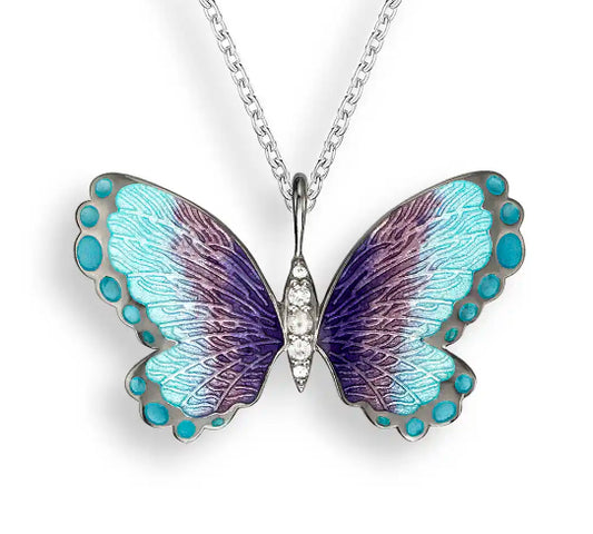 Blue and Purple Butterfly Enamel with White Sapphires Necklace
