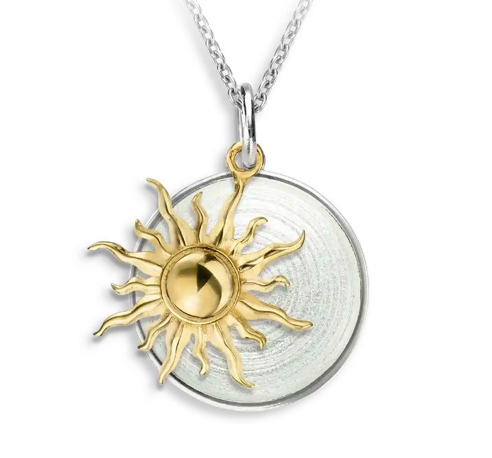 Vermeil Sun wth White Glass Enamel Necklace Basse Taille with Sterling Silver
