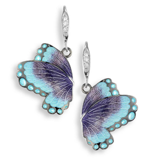 Blue and Purple Butterfly Wing Enamel with White Sapphire Dangle Earrings