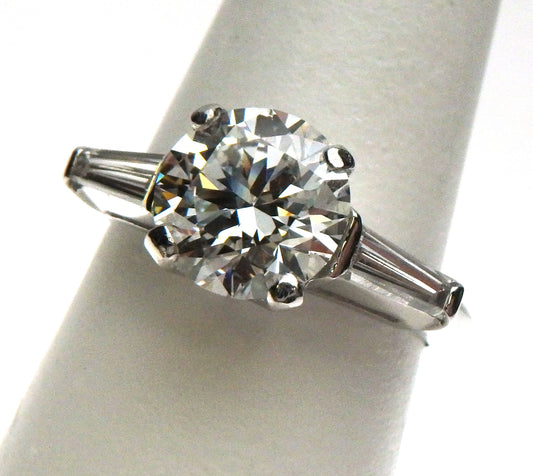 Lab Grown Round with Natural Baguette Diamonds Platinum Engagement Ring
