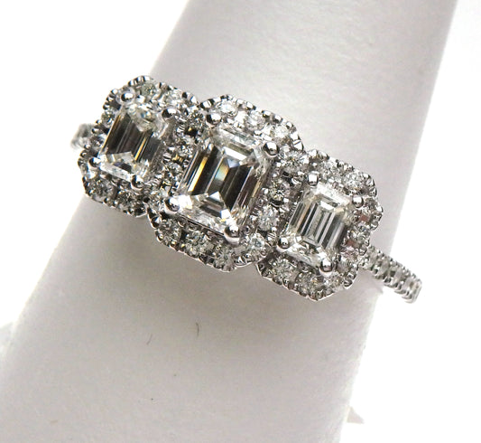 Emerald Cut Diamond Halo 3 Stone Ring
