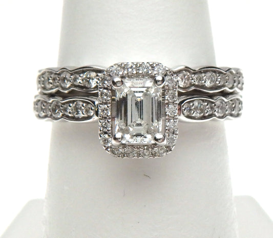 Emerald Cut Diamond Halo Wedding Set