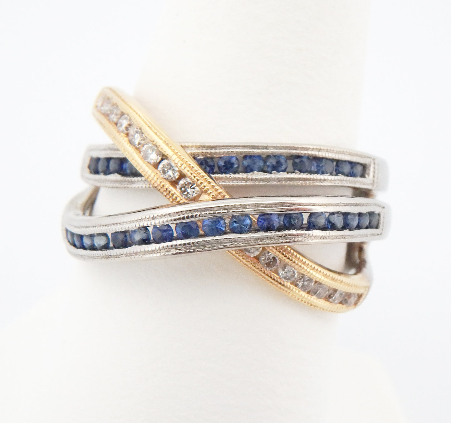 Sapphire and Diamond 3 Row Criss-Cross Band