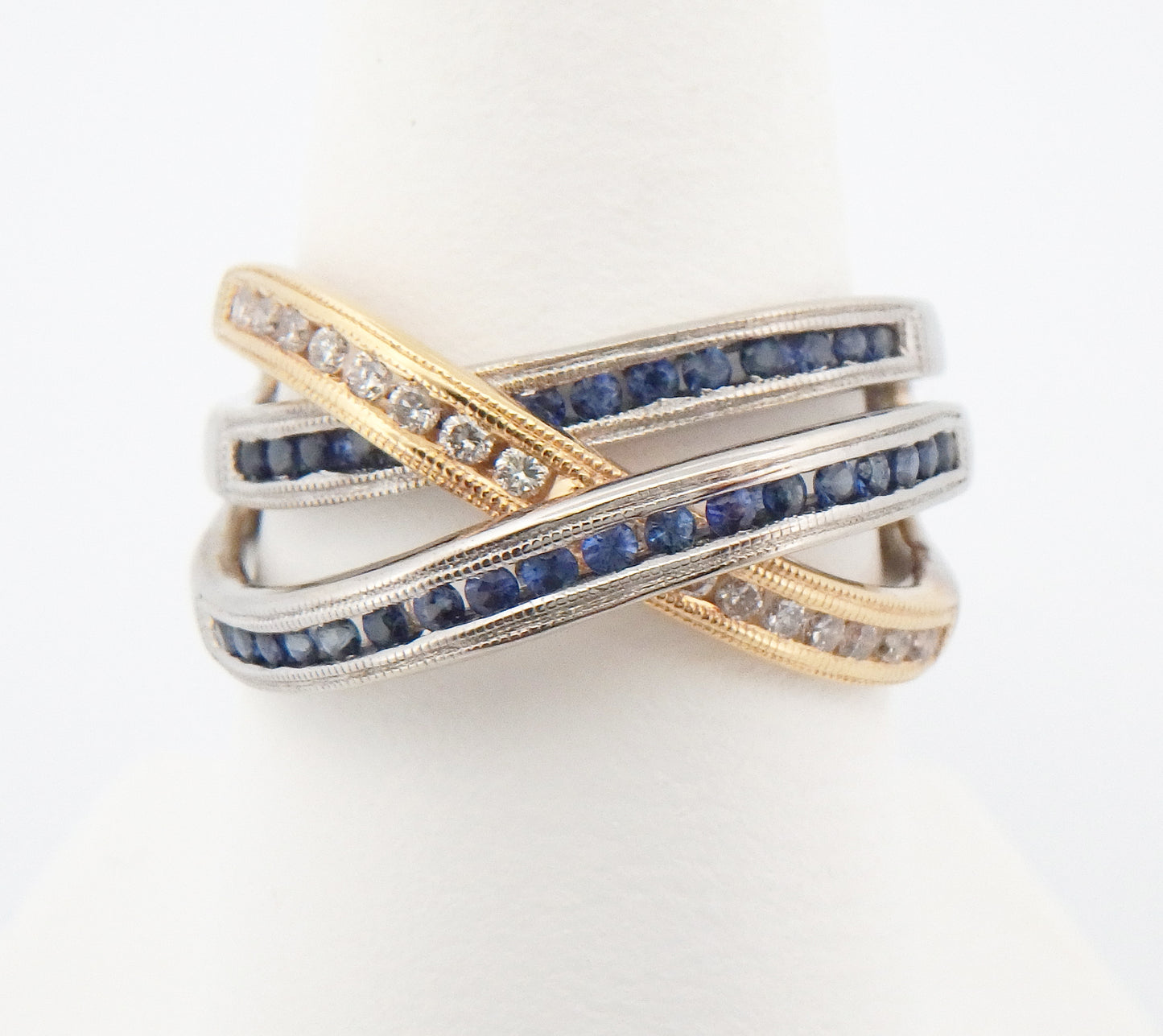 Sapphire and Diamond 3 Row Criss-Cross Band