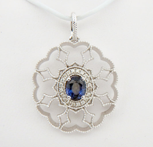 Sapphire and Diamond Halo Wirework Oval Pendant