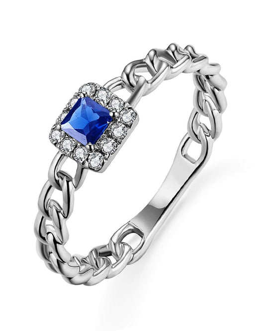 Sapphire and Diamond Halo Chain Link Ring